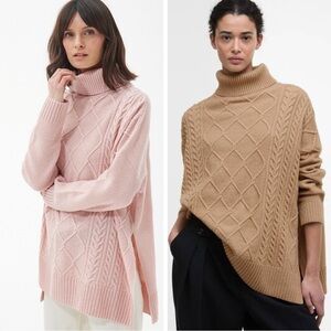BARBOUR Woman Pink Wool Blend Relax Fit Cable Knit Turtleneck Sweater SMALL